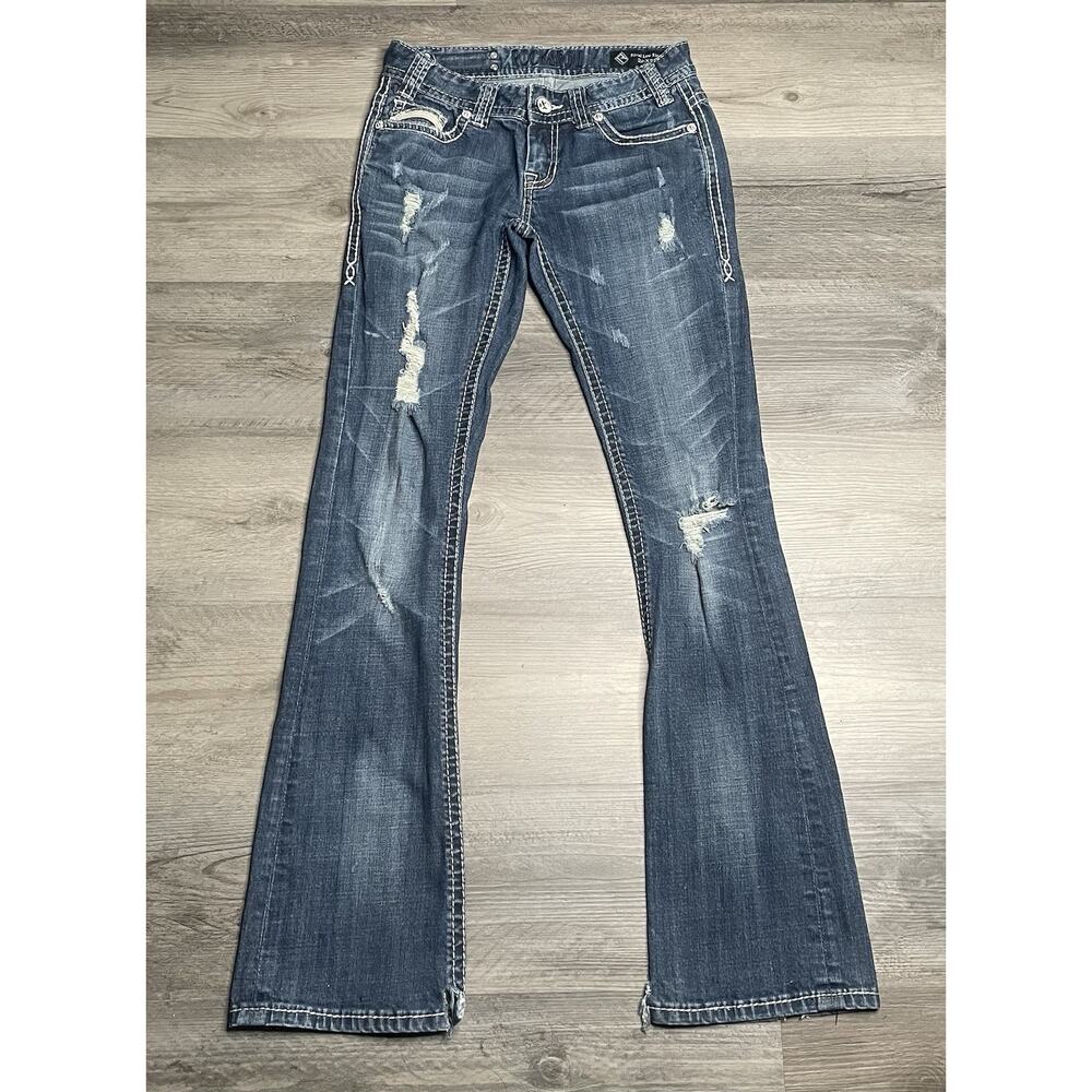 Rock & Roll Rival Women’s Distressed Bootcut Jeans Low Rise Slim Dark Wash 26X34